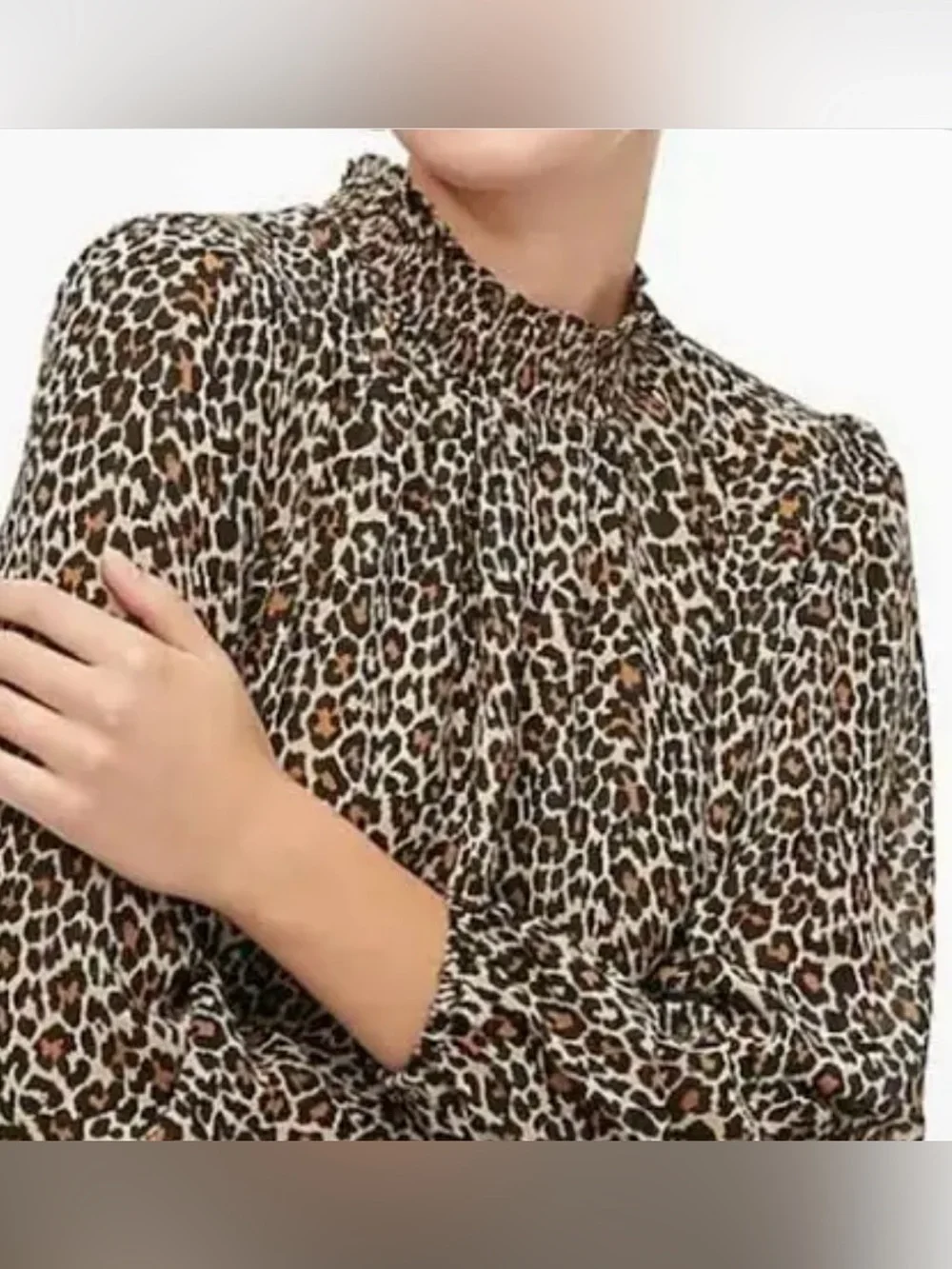 J Crew trendy animal print blouse with sheer sleeves and smocking at neckline